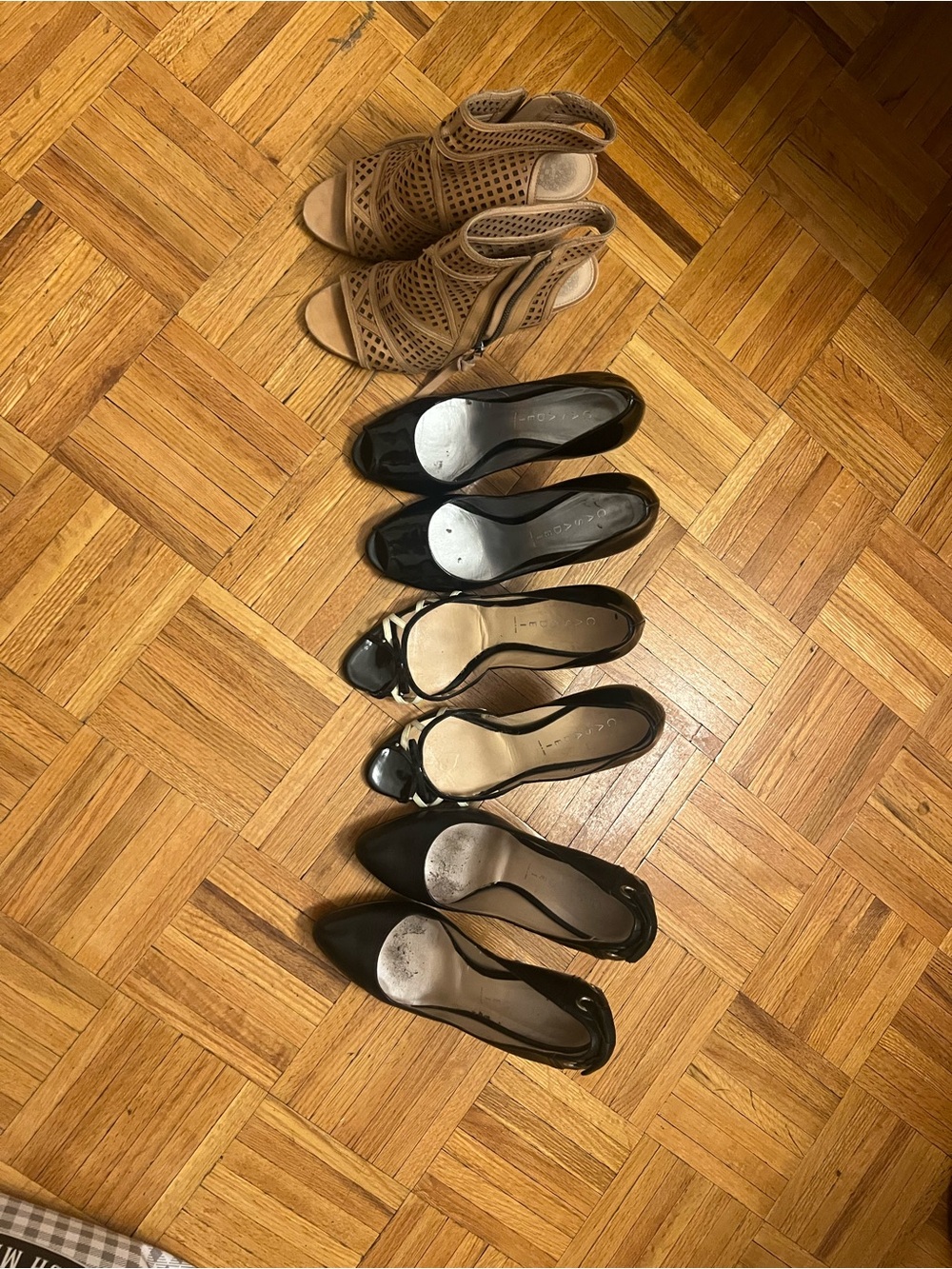 Vince Camuto Black Patent and Tan Suede Peep-Toe Heels Collection